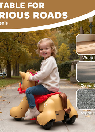 Ride On Horse Toy, 12V Battery Powered Ride on Toy with Carrot Toy, Comb and Sound, Electric Rocking Horse for Toddlers