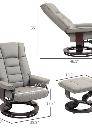 Faux Leather Recliner with Ottoman, Swivel Recliner Chair and Ottoman with High Back and Wood Base, Gray