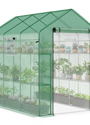 7' x 5' x 6' Walk-in Greenhouse for Outdoors with Mesh Door and Windows, 18 Shelf Hot House with Trellis, Plant Labels, UV Protective for Growing Flowers, Herbs, Vegetables, Saplings, Green
