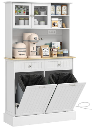 Kitchen Cabinet with Charging Station, 2 Tilt Out Cabinets, Microwave Stand, Freestanding Kitchen Pantry Cabinet, White