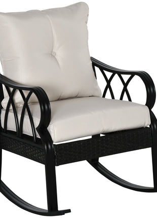 Outdoor Wicker Rocking Chair with Padded Cushions, Aluminum Furniture Rattan Porch Rocker Chair w/ Armrest for Garden, Patio, and Backyard, Khaki