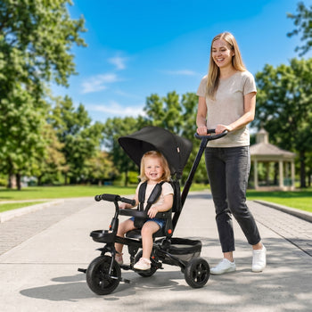 Kids Tricycle, 5 in 1 Foldable Trike with Reversible Seat, Adjustable Parent Handle, Safety Harness, Wheel Brakes, Black