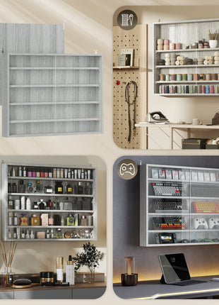 5-Tier Display Cabinet, Wall-Mounted Display Case with 2 Glass Doors and Adjustable Shelves, Gray
