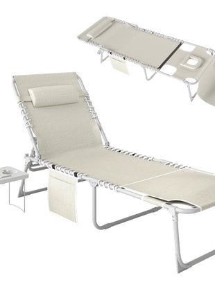 Tanning Chair with Face Hole and Side Table, 5-Position Folding Outdoor Chaise Lounge Chair, Beige
