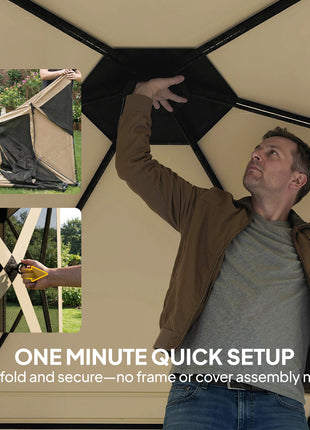 10 x 11 ft Pop Up Gazebo Screen Tent, Portable Instant Camping Canopy Screen House with Nettings, Carry Bag, Beige