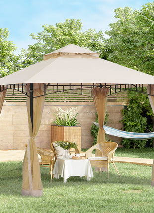 10' x 10' Outdoor Patio Gazebo Canopy Tent with Mesh Sidewalls, 2-Tier Canopy for Backyard, Beige