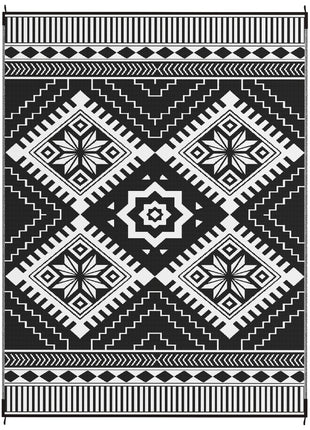 Reversible Outdoor Rug, Waterproof Plastic Straw with Carry Bag, 9' x 12', White & Black Toothed Rhombus