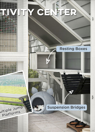 Wooden Catio Outdoor Cat Enclosure with Waterproof Cover, 2 Condos, 6 Platforms, Bridge, Doors, White