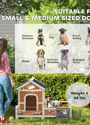 Outdoor Wooden Dog House, Dog Shelter with Large Porch, Weatherproof & Openable Roof, Elevated Base, Removable Floor
