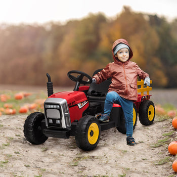 12V Electric Ride on Tractor with Trailer, 25W Dual Motors, Red
