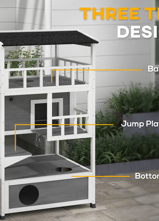 Wooden Outdoor Cat House with Asphalt Roof, Escape Doors, Condo, Jumping Platform, Light Gray