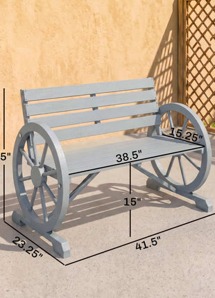 41" Wooden Wagon Wheel Bench, Rustic Outdoor Patio Bench Weather Resistance Furniture, 2-Person Slatted Seat with Backrest, Light Gray