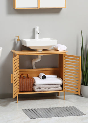Freestanding Bathroom Sink Cabinet, Bamboo Under Sink Cabinet Cupboard Organizer with 2 Slatted Doors, Natural