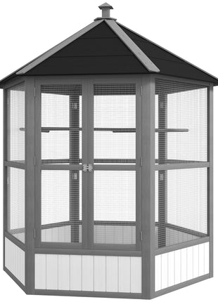 69" Wooden Hexagonal Outdoor Aviary Flight Bird Cage With Covered Roof, Light Gray
