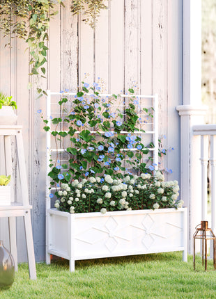 Outdoor Planter Box Galvanized Raised Garden Bed with Trellis for Climbing Vines, 35.4" x 15.7" x 47.2", White
