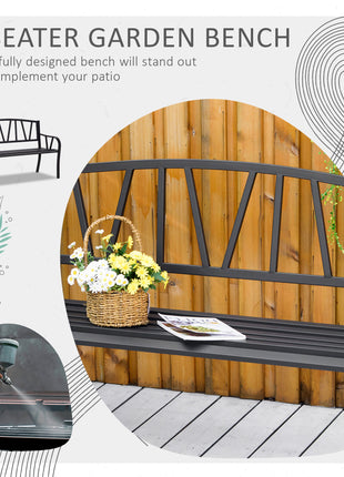 50" Outdoor Bench, Metal Garden Bench with V-Shaped Pattern Backrest, Porch Bench with Slatted Seat for Park, Yard, Lawn, Black
