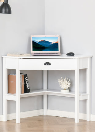 Corner Desk, Triangle Computer Desk with Drawer and Storage Shelves for Small Spaces, Home Office Workstation for Living Room, or Bedroom, White