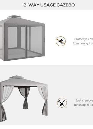 9.6' x 11.6' Patio Gazebo Outdoor Canopy Shelter with 2-Tier Roof and Netting, Steel Frame for Garden, Gray