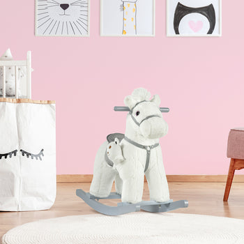 Kids Rocking Horse with Bear Toy, Plush Animal Rocker with Fun Realistic Sounds for Toddler 18-36 Months, White