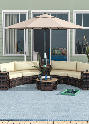 8 Piece Patio Furniture Set with 4 Rattan Sofa Chairs & 4 Tables with Storage & Umbrella Hole, Mixed Brown