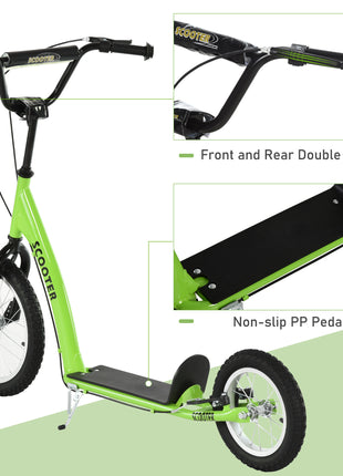 Youth Scooter Kick Scooter for Kids 5+ with Adjustable Handlebar 16" Front and 12" Rear Dual Brakes Inflatable Wheels, Green