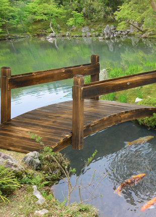 7.5' Wooden Garden Bridge with Planters, Stained Finish Arc Footbridge with Safety Railings for Backyard, Pond Stream, Stained Wood