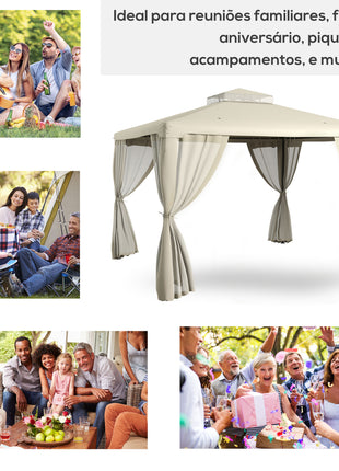 9.6' x 11.6' Patio Gazebo Outdoor Canopy Shelter with 2-Tier Roof and Netting, Steel Frame for Garden, Cream White