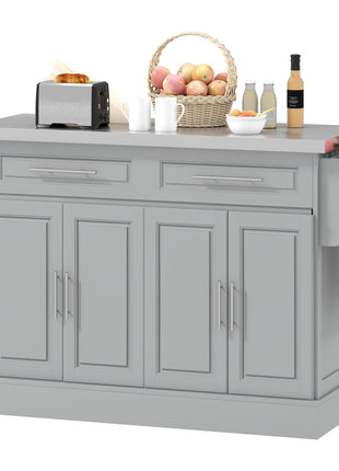 Rolling Kitchen Island Cart with 47" Stainless Steel Top, Portable Island Table for Kitchen with Wheels, Adjustable Shelves, 2 Drawers, Spice, Knife and Towel Rack, Gray