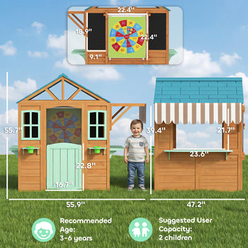 Outdoor Playhouse with Snack Bar, Half Door, Windows, Flowerpot Holders, Chalkboard, Tossing Game