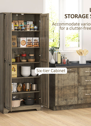 72" Farmhouse Pantry Cabinet, Freestanding Food Pantry Cabinet with Adjustable Shelves, Distressed Gray