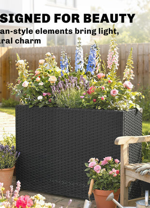 Tall Rectangular Planter with Removable Liner, Holes, PE Wicker Large Planter Box for Indoor Outdoor Plants, Black
