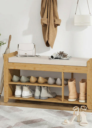 Shoe Bench with Cushioned Seat Shoe Storage Bench with Side Umbrella Holder for Entryway Natural and Cream