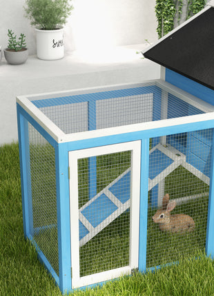 49" Wooden Rabbit Hutch Bunny Cage with Waterproof Asphalt Roof, Fun Outdoor Run, Removable Tray and Ramp, for Rabbits, Chickens, Ducks, Light Blue