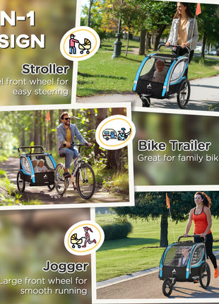 3-in-1 Bike Trailer for Kids, Running Stroller with 2 Seats, Jogging Cart with 5-Point Harness, Storage Units, Blue