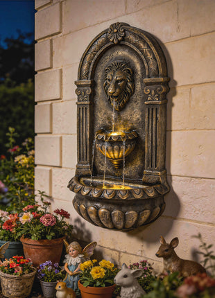 31" Wall-Mounted Outdoor Fountain, 3-Tier Cascading Waterfall Feature with LED Lights and Adjustable Flow, Bronze
