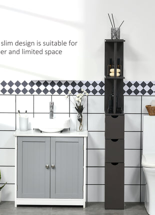 54" Tall Bathroom Storage Cabinet, Freestanding Linen Tower with 2-Tier Shelf and Drawers, Narrow Side Floor Organizer, Brown