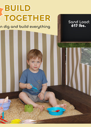 Kids Wooden Sandbox with Canopy Fully Covered, 2 Bench Seats, Bottom Liner, 56" x 40" x 52", Brown