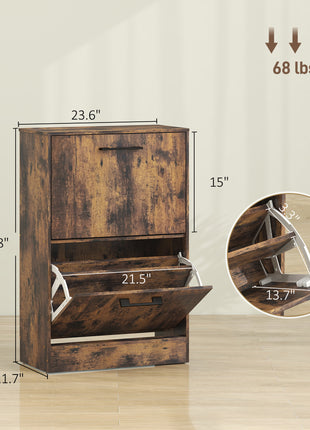 Shoe Cabinet 2 Flip Drawers Narrow Shoe Storage Unit Adjustable Dividers Entryway Hallway Rustic Brown