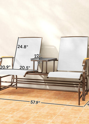 Outdoor 2-Person Glider Bench, Outside Glider Swing Chair Loveseat with Table, Steel Frame, Cream White