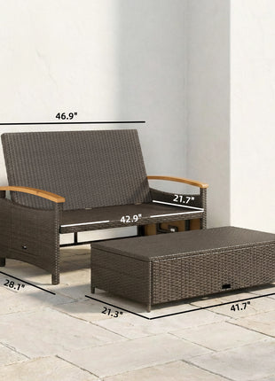 Rattan Outdoor Daybed w/4-Level Adjustable Backrest, Patio Sofa Bed w/Storage Ottoman, Acacia Wood Armrest, Beige