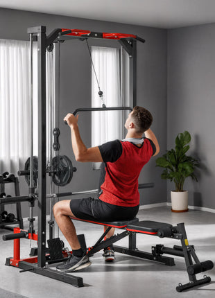 Smith Machine Power Rack with Pull Up Bar, Lat Pull Down System, Landmine, Squat Rack, Barbell Bar, for Home Gym
