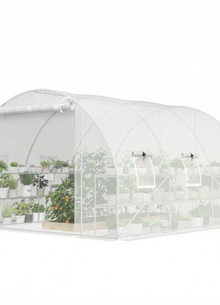 10'x11'x6' Walk-in Tunnel Greenhouse with Shelves, Mesh Door and Windows, Hoop House Greenhouse with PE Cover, White