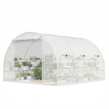10'x11'x6' Walk-in Tunnel Greenhouse with Shelves, Mesh Door and Windows, Hoop House Greenhouse with PE Cover, White