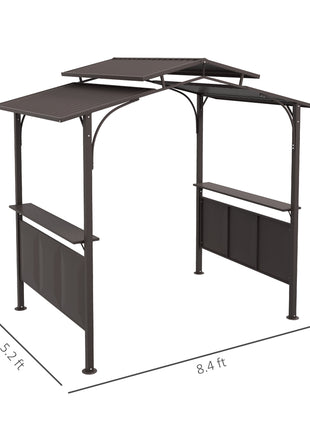 8'x5' BBQ Grill Gazebo, Outdoor Double Tiered Interlaced Polycarbonate Roof with Steel Frame, 2 Side Shelves, Brown