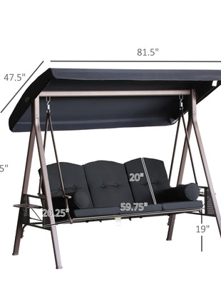 3-Seat Patio Swing Chair, Outdoor Porch Swing Glider with Adjustable Canopy, Removable Cushion, Pillows and Side Trays, for Garden, Poolside, Backyard, Black