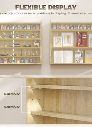 5-Tier Display Cabinet, Wall-Mounted Display Case with 2 Glass Doors and Adjustable Shelves, Oak