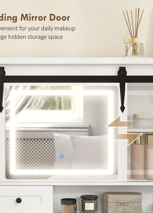 Vanity Desk Set with Mirror and Lights, Cushioned Stool, Storage Drawer, Cabinet, Shelves for Bedroom, White