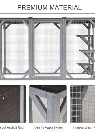 71" x 32" x 44" Large Wooden Outdoor Cat Enclosure Catio Cage With 3 Platforms, Gray