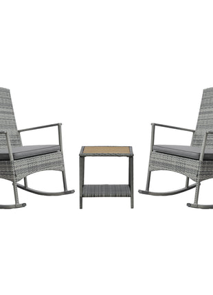 3 Piece Outdoor PE Rattan Rocking Chair Set, Patio Wicker Recliner Rocker Chair with Soft Cushion & Nature Wood Top Coffee Table, Gray