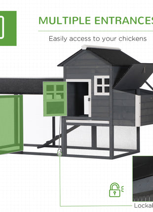 84" Wooden Chicken Coop, Hen House Outdoor with Run Nesting Box, Asphalt Roof, Removable Tray, Ramp, Poultry Cage for 2-3 Chickens, Gray